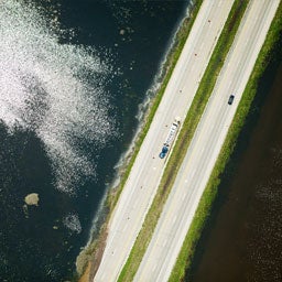 Arial view of road and water