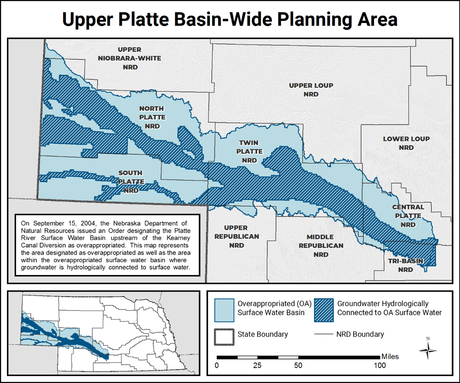 Upper Platte Basin-Wide Planning Area map. This map displays the Overappropriated (OA) Surface Water Basin area and the Groundwater Hydrologically Connected to OA Surface Water area.