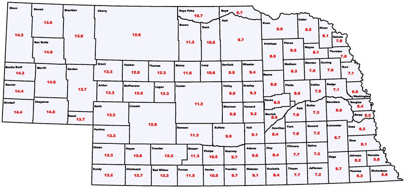 Map of nebraska counties displaying the inches per acre showing irrigation averaged by county