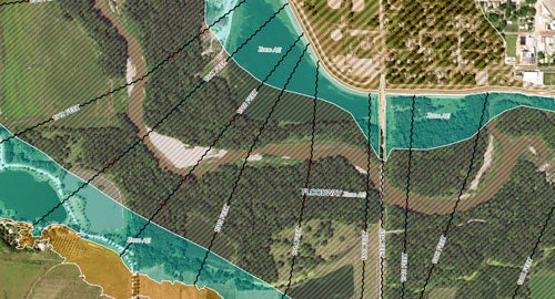arial view of land with a blue striped area marked over the top